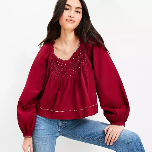 LOFT Tops - NWT Loft Embroidered Sweetheart Neck Blouse In Crimson Blush Size Medium